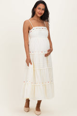 Ecru Embroidered Ruffle Tiered Maternity Maxi Dress