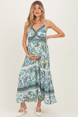 Ivory Floral Twisted Front Lace Detail Maternity Maxi Dress