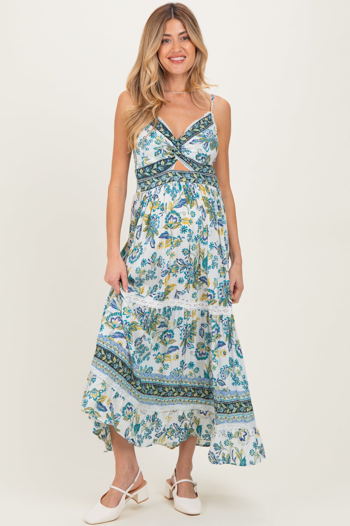 Ivory Floral Twisted Front Lace Detail Maternity Maxi Dress