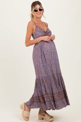 Charcoal Printed Twisted Front Maternity Maxi Dress