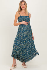 Deep Teal Floral Smocked Handkerchief Hem Maternity Dress