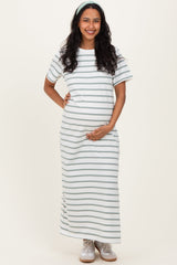 Sage Striped Side Slit Maternity Maxi Dress