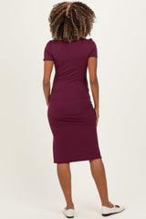 Wine Square Neck Side Slit Maternity Midi Dress