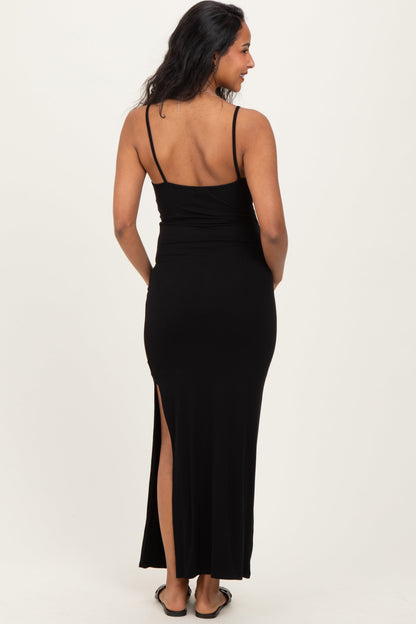 Black Button Detail Sleeveless High Slit Maternity Maxi Dress