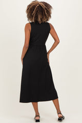 Black Ribbed Mock Neck Sleeveless Maternity Midi Dress