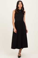 Black Ribbed Mock Neck Sleeveless Maternity Midi Dress