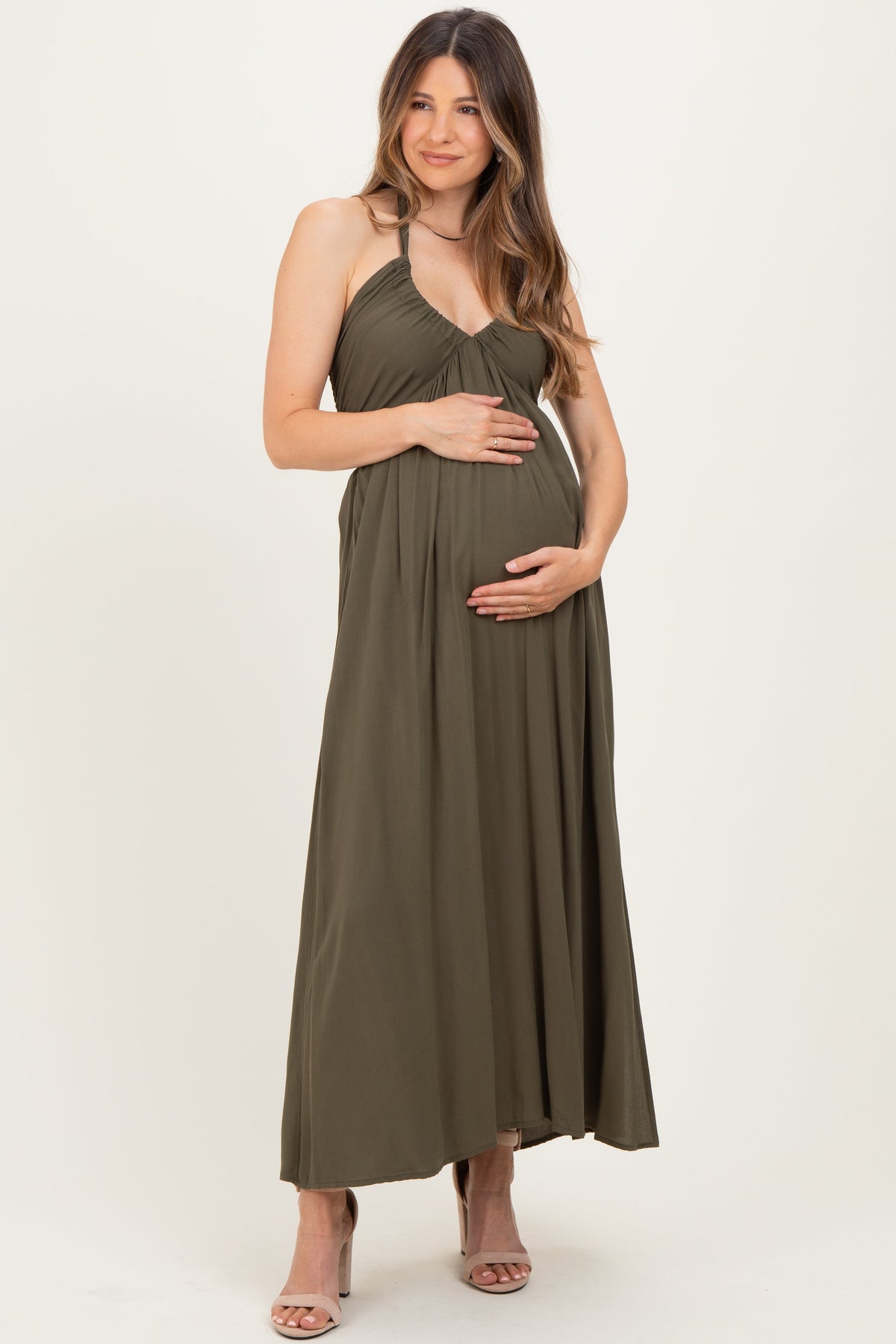 Olive Halter Neck Side Slit Maternity Midi Dress