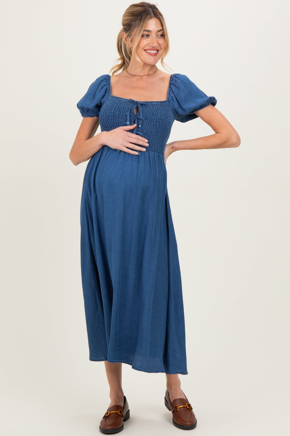 Navy Chambray Smocked Front Tie Maternity Midi Dress