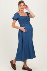 Navy Chambray Smocked Front Tie Maternity Midi Dress