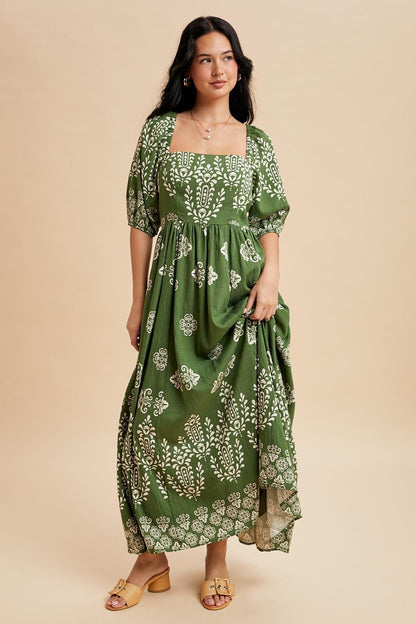 Green Damask Print Short Sleeve Maternity Maxi Dress