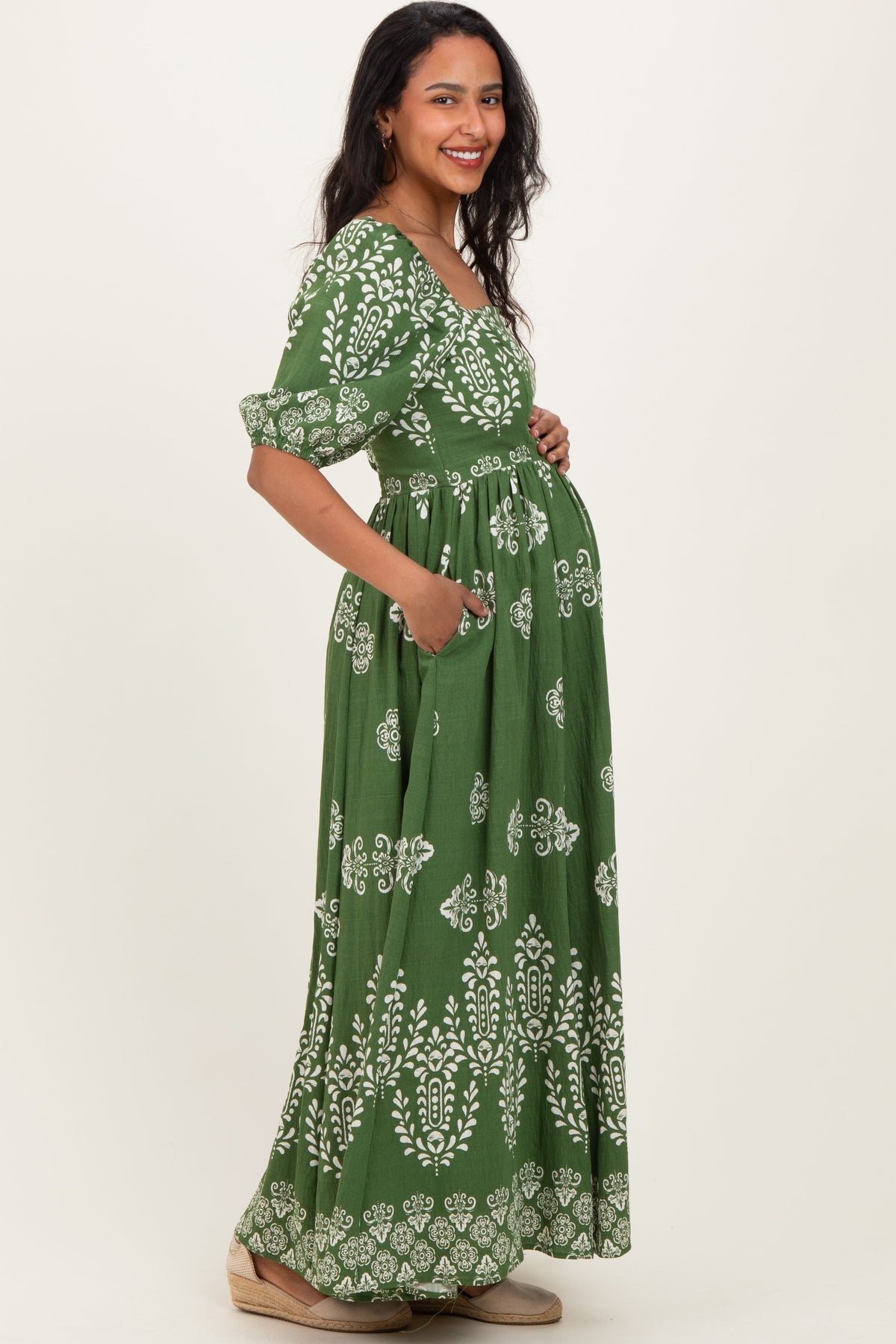 Green Damask Print Short Sleeve Maternity Maxi Dress