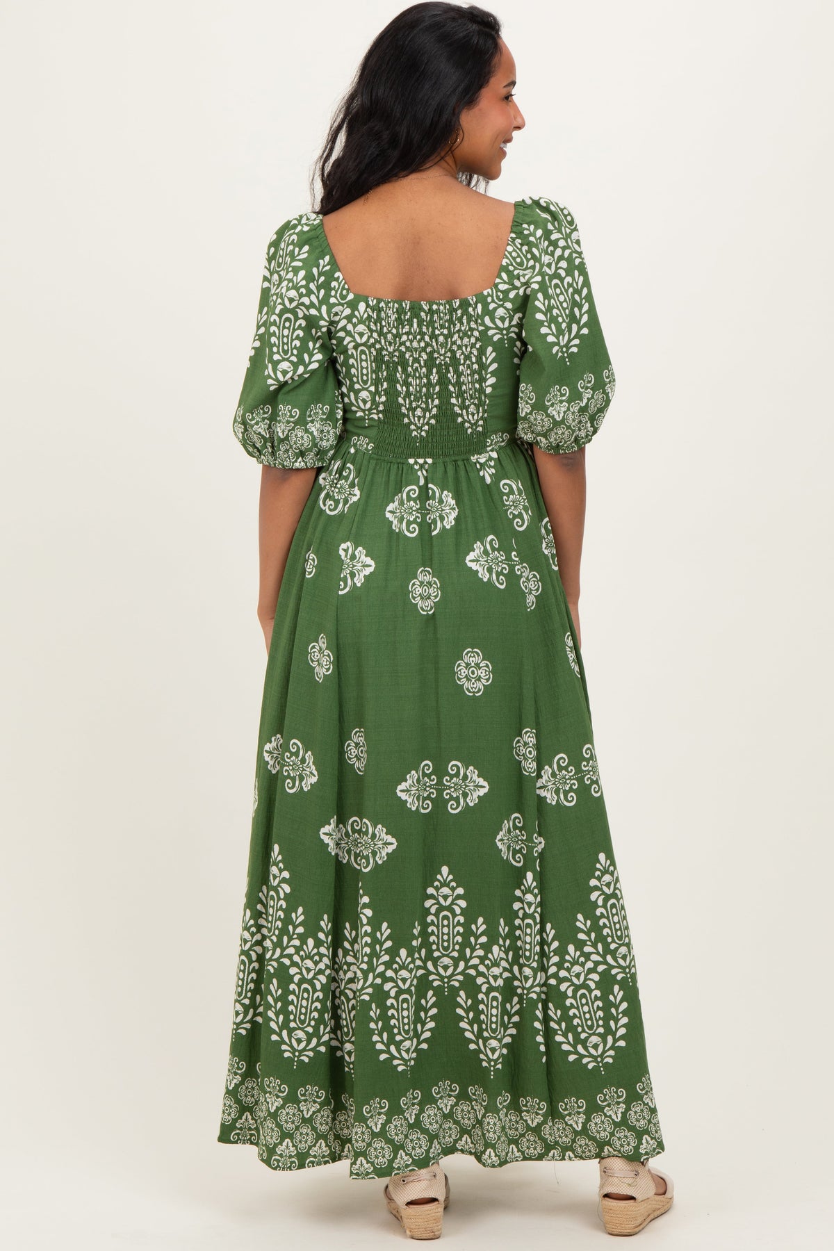 Green Damask Print Short Sleeve Maternity Maxi Dress