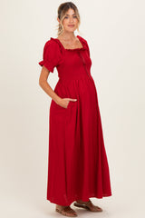 Red Smocked Ruffle Accent Ribbon Tie Maternity Maxi Dress