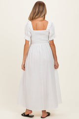 White Smocked Ruffle Accent Ribbon Tie Maternity Maxi Dress