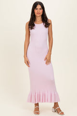Light Pink Ribbed Knit Sleeveless Ruffle Hem Maternity Maxi Dress