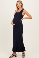 Navy Ribbed Knit Sleeveless Ruffle Hem Maternity Maxi Dress
