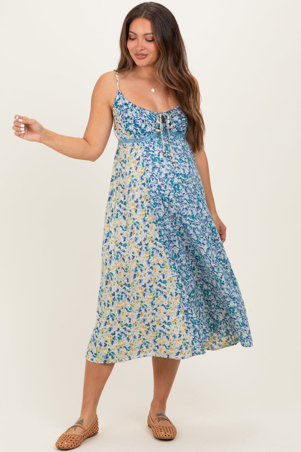 Blue Colorblock Floral Tie Front Maternity Midi Dress