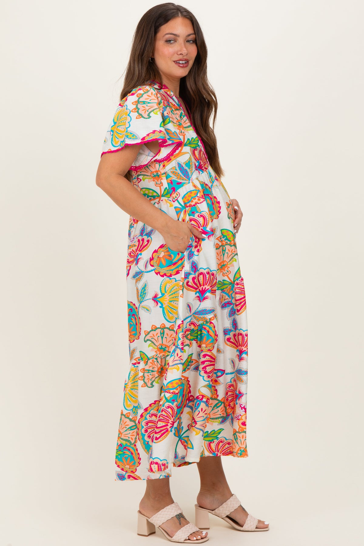 Cream Boho Print Lace Trim Tiered Maternity Midi Dress