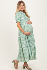 Light Sage Paisley Print Tiered Maternity Midi Dress