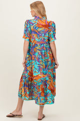 Aqua Mix Leaf Print Pocketed Maternity Midi Dress