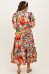 Pink Mix Leaf Print Pocketed Maternity Midi Dress