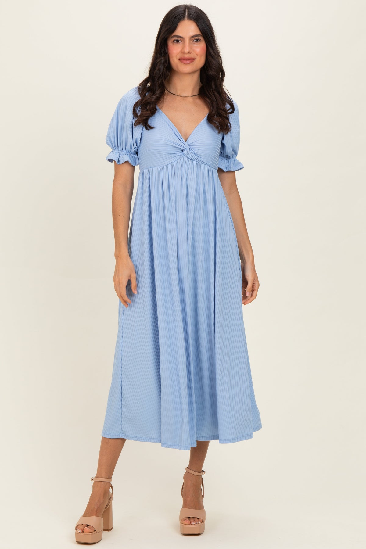 Light Blue Ribbed Short Sleeve Empire Waist V-Neck Maternity Maxi Dress