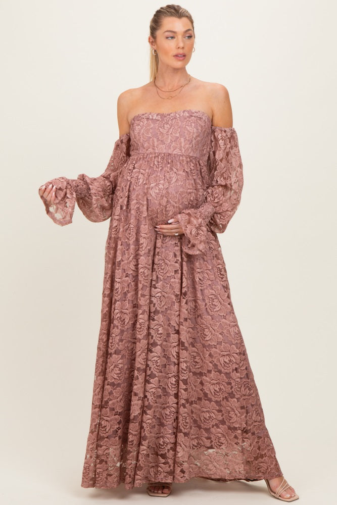 Mauve Lace Off Shoulder Long Sleeve Maternity Maxi Dress