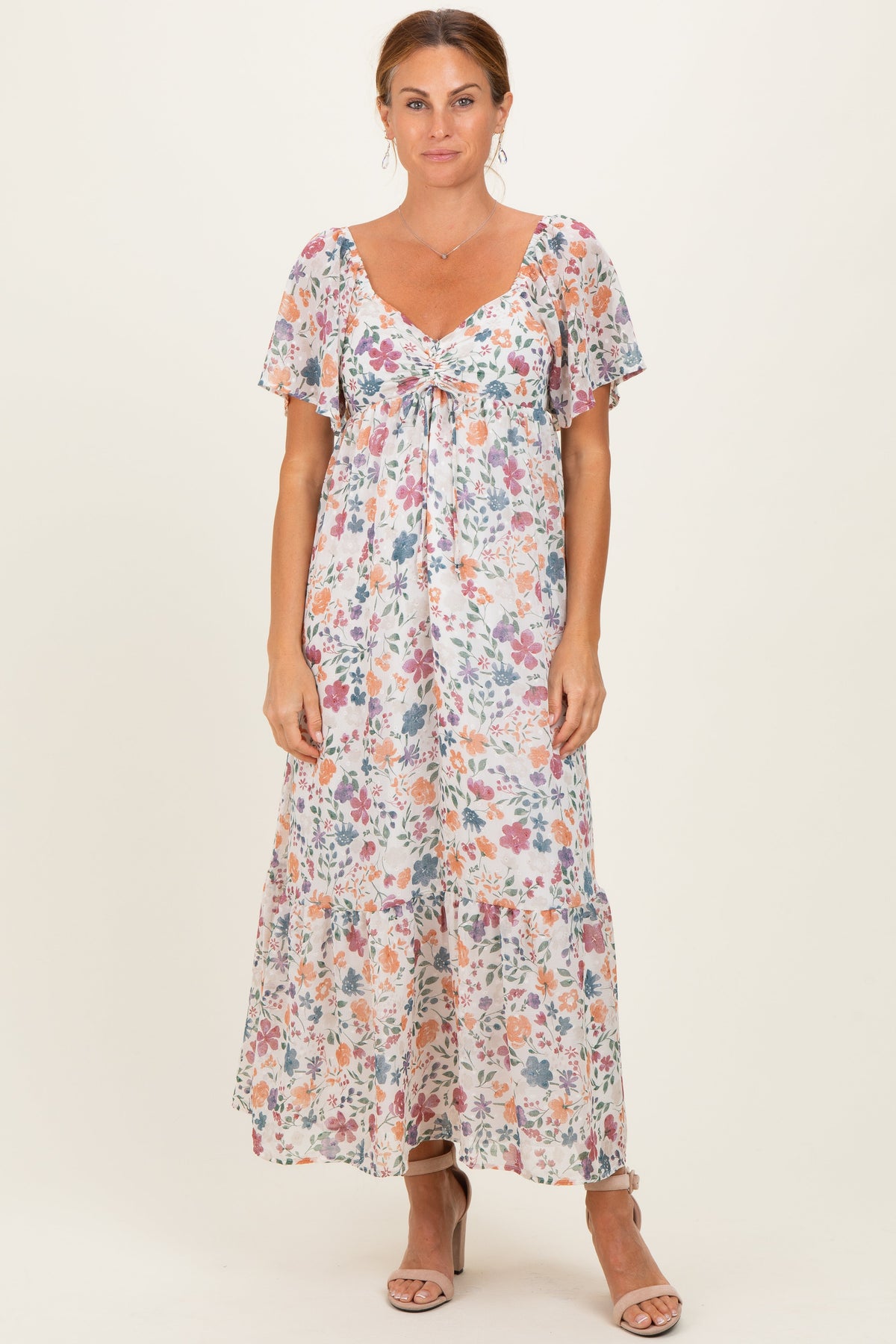 Ivory Floral Short Sleeve Maternity Maxi Dress