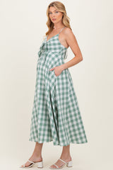 Basil Gingham Tie Front Racerback Maternity Midi Dress