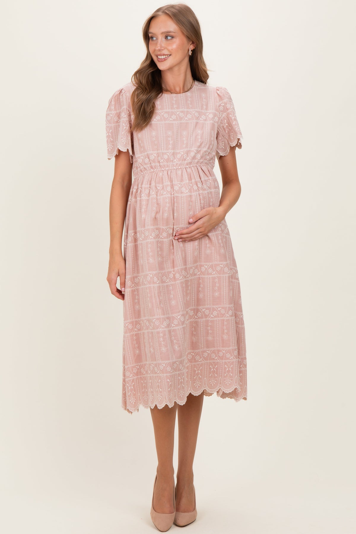 Light Pink Embroidered Floral Maternity Midi Dress