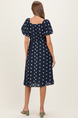 Navy Blue Floral Embroidered Short Sleeve Maternity Dress