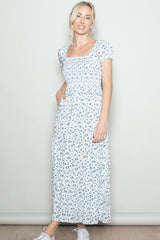 White Floral Smocked Puff Sleeve Maternity Maxi Dress