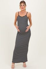 Black Ribbed Knit Striped Sleeveless Maternity Maxi Dress