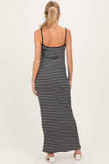 Black Ribbed Knit Striped Sleeveless Maternity Maxi Dress