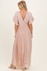 Light Pink Button Down Deep V-Neck Maternity Maxi Dress
