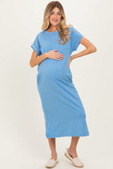 Dusty Blue Pocket Front Maternity Midi T-Shirt Dress