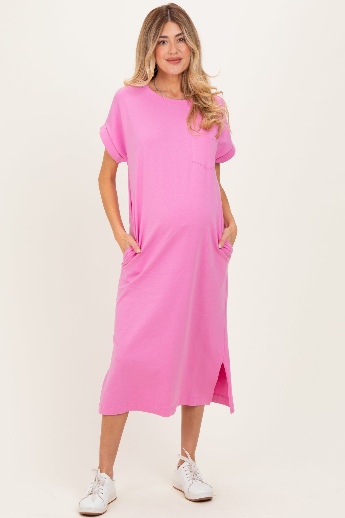 Pink Pocket Front Maternity Midi T-Shirt Dress