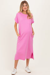 Pink Pocket Front Maternity Midi T-Shirt Dress