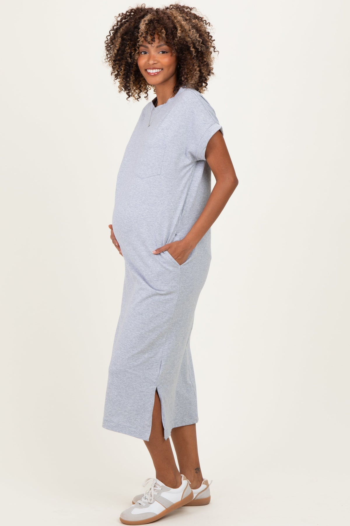 Heather Grey Pocket Front Maternity Midi T-Shirt Dress