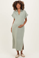 Sage Collared Short Sleeve Maternity Midi Dress