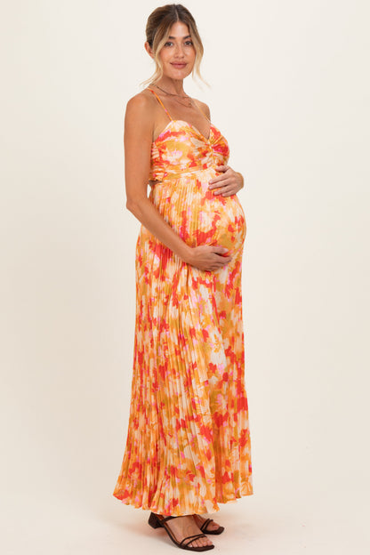 Orange Floral Pleated Sleeveless Maternity Maxi Dress