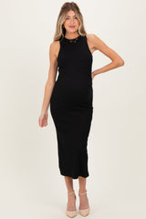 Black Knit Open Tie Back Sleeveless Maternity Midi Dress