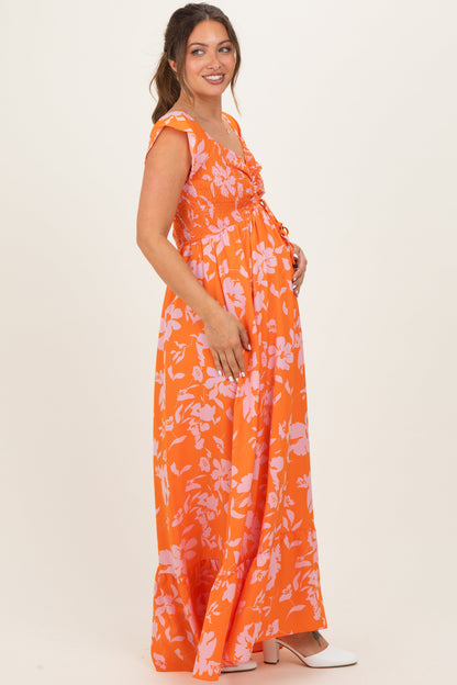 Orange Floral Smocked Cinched Top Maternity Maxi Dress