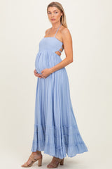 Powder Blue Smocked Halter Open Back Maternity Maxi Dress