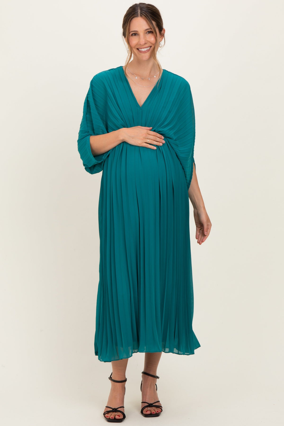 Teal Pleated V Neck Maternity Maxi Dress
