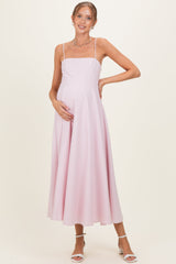 Light Pink Linen A-Line Flared Maternity Midi Dress