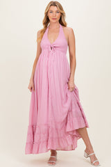 Pink Halter Neck Smocked Maternity Maxi Dress