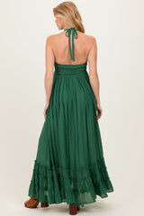 Hunter Green Halter Neck Smocked Maternity Maxi Dress