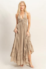 Taupe Halter Neck Smocked Maternity Maxi Dress