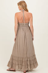 Taupe Halter Neck Smocked Maternity Maxi Dress